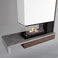 Modern Fireplace Design With Glass Front Flames Burning Wooden Stone Countertop Base