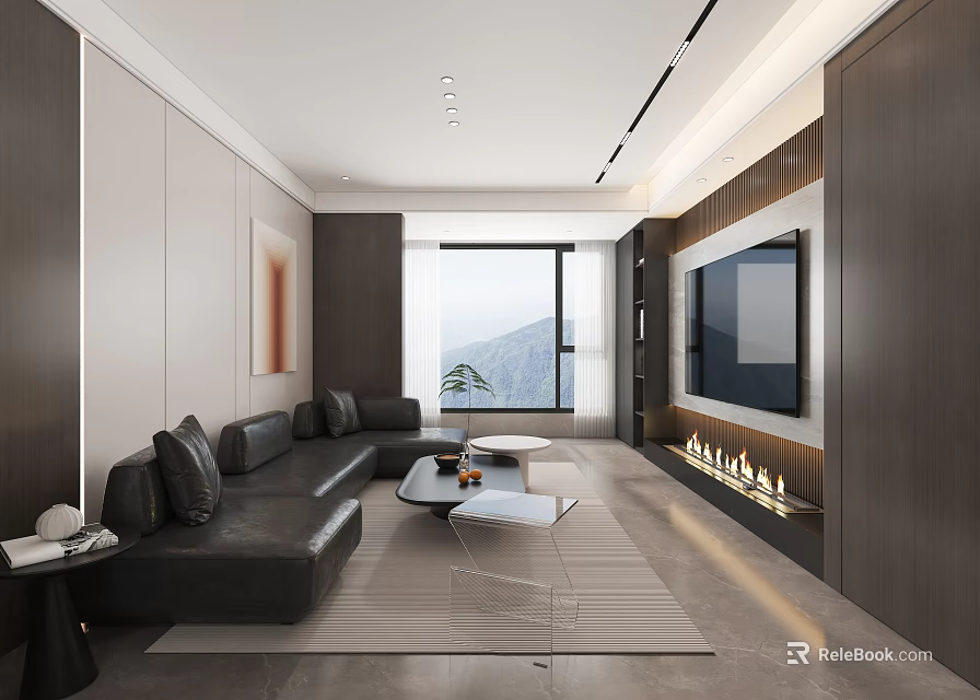 Modern Living and Dining Room With Black Sofa Coffee Tables TV Fireplace and Mountain View 3d model 