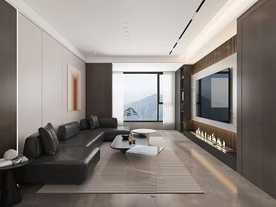 Modern Living and Dining Room With Black Sofa Coffee Tables TV Fireplace and Mountain View 3d model