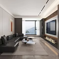Modern Living and Dining Room With Black Sofa Coffee Tables TV Fireplace and Mountain View