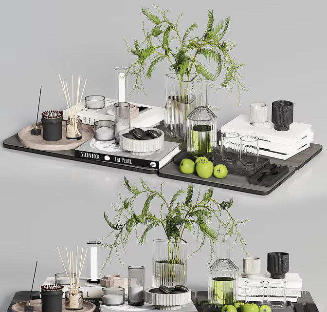 Stylish Decorative Ornament Set With Trays Green Plants Glass Vases Candles And Books For Home Decor 3d model 