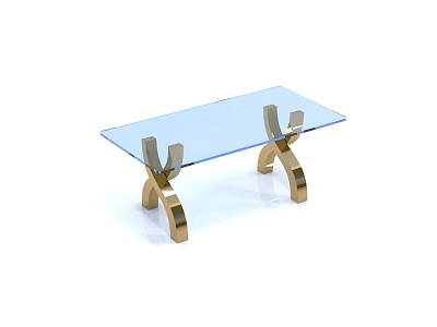 Modern Coffee Table With Blue Glass Top And Curved Golden Legs 3d model