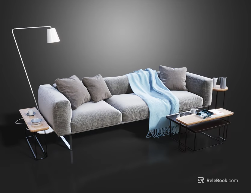 Light Gray Sectional Sofa With Throw Pillows Blue Blanket Floor Lamp And Side Tables 3d model