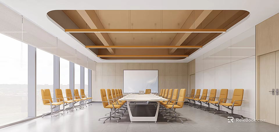 Modern Kindergarten Classroom With Long Table Yellow Chairs Whiteboard And Large Windows 3d model