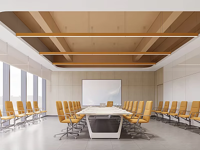 Modern Kindergarten Classroom With Long Table Yellow Chairs Whiteboard And Large Windows 3d model