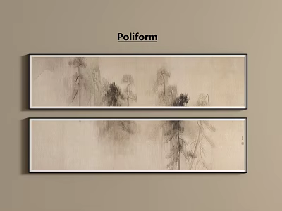 Poliform Chinese Ink Style Wall Art Hanging On Beige Wall With Plant Patterns 3d model
