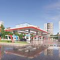 Smile Modern Building With Metallic Facade Red Accents And Glass Doors Near High Rise Structures