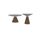 Two Modern Round Coffee Tables With Dark Tabletop And Conical Walnut Wooden Base