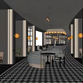 Modern Luxury Restaurant With Black And White Checkered Floor Bar Counter Leather Seats And Chandeliers