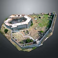 Ancient Circular Fortress Aerial View With Stone Walls Greenery And Trees