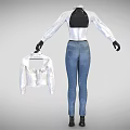 White Shirt With Black Patent Leather Corset And Blue Jeans Holding White Undergarment