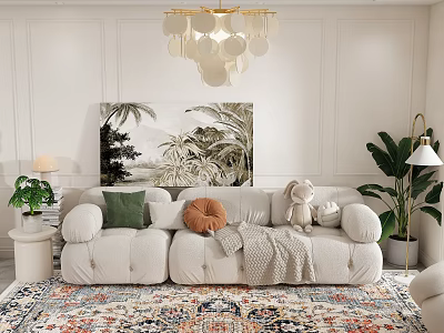 Modern Living Room With White Sofa Green Orange Cushions And Colorful Square Rug 3d model