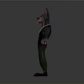 3D Dog Model with Black Body Erect Ears Arms Outstretched Wearing Black Vest Green Pants