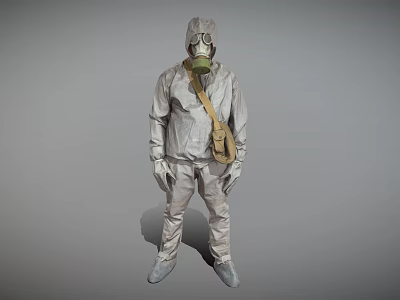 Man In Protective Suit With Gas Mask Standing Against Gray Background 3d model