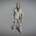 Man In Protective Suit With Gas Mask Standing Against Gray Background