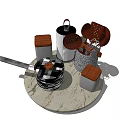 Modern Cooking Utensils Set On Marble Counter With Pot And Knife Holder