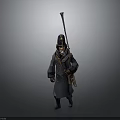 3D Model Military Style Uniformed Character In Long Coat With Feathered Hat Spear And Backpack