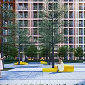 Modern Garden Ornaments In Courtyard With Yellow Seats Colorful Paving And Greenery
