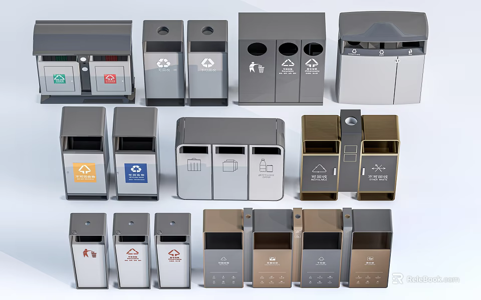 Public Facilities Waste Bins With Different Designs And Recycling Symbols 3d model 
