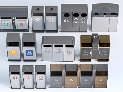 Public Facilities Waste Bins With Different Designs And Recycling Symbols 3d model