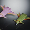 Colorful Purple And Green Airplanes With Streamlined Body And Orange Accents Design