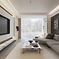 Modern Minimalist Living And Dining Room With Comfortable Grey Sofa And Exquisite Marble Coffee Table