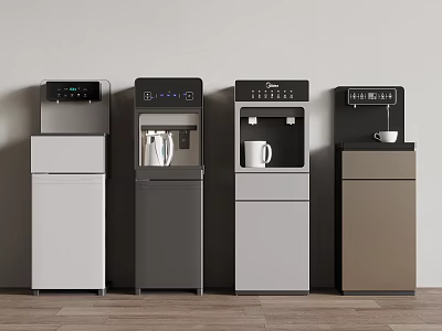 Modern Kitchen Appliances Featuring Four Standing Water Dispensers In Various Colors 3d model