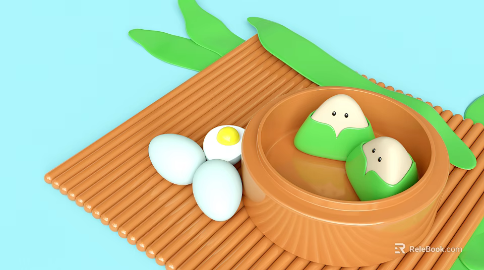 Steamed Zongzi with Green Leaves and Fresh Eggs with Yolk on Bamboo Mat 3d model 