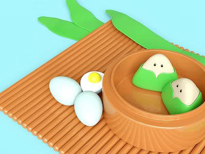 Steamed Zongzi with Green Leaves and Fresh Eggs with Yolk on Bamboo Mat 3d model