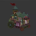 Mobile Cottage Building With Green Roof Tower Red Flag Windows And Wooden Wheels