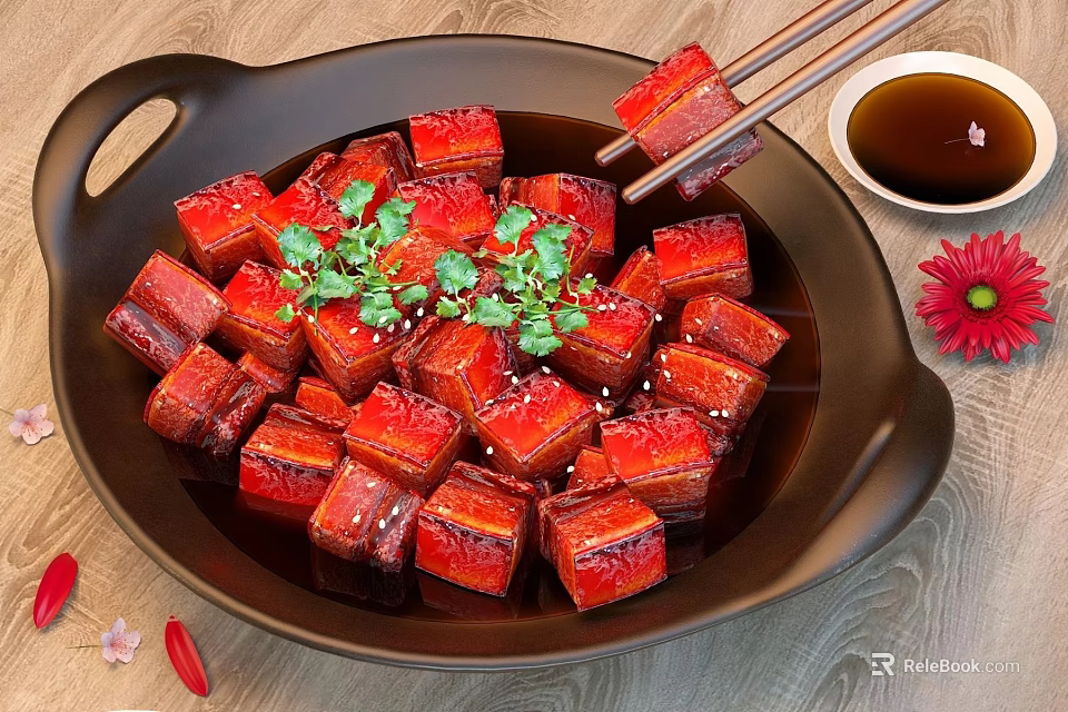 Braised Pork Belly Cubes In Black Plate With Cilantro Sesame Seeds And Sauce 3d model 