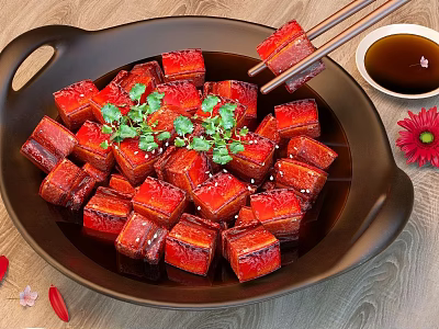 Braised Pork Belly Cubes In Black Plate With Cilantro Sesame Seeds And Sauce 3d model