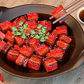 Braised Pork Belly Cubes In Black Plate With Cilantro Sesame Seeds And Sauce