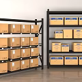 Sturdy Black Metal Storage Racks With Multiple Cardboard Boxes In Warehouse 3d model