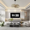 Modern Dining and Living Room With Sofa Coffee Table Chandelier And Floor To Ceiling Window