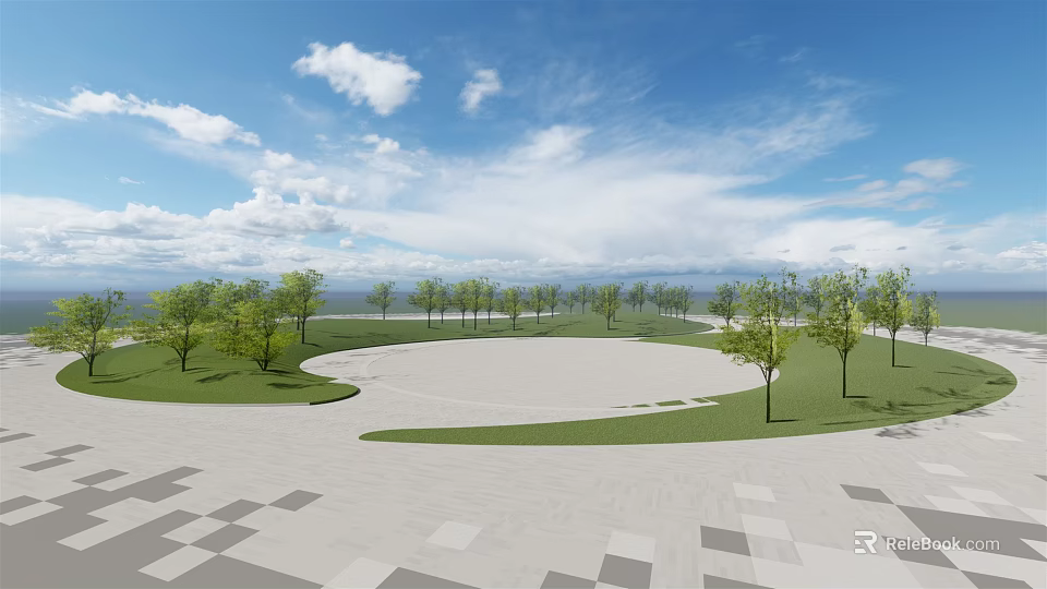 Open Square Landscape With Green Lawn Trees And Geometric Paved Ground Under Blue Sky 3d model 