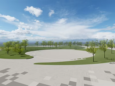 Open Square Landscape With Green Lawn Trees And Geometric Paved Ground Under Blue Sky 3d model