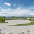 Open Square Landscape With Green Lawn Trees And Geometric Paved Ground Under Blue Sky