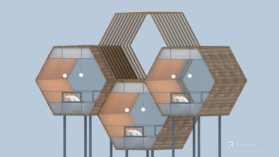 Hexagonal Wooden House Design Featuring Multi level Balconies Glass Elements And Pillar Support 3d model