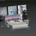 Modern Double Bed With Purple Headboard White Bedding Abstract Paintings And Floor Lamp