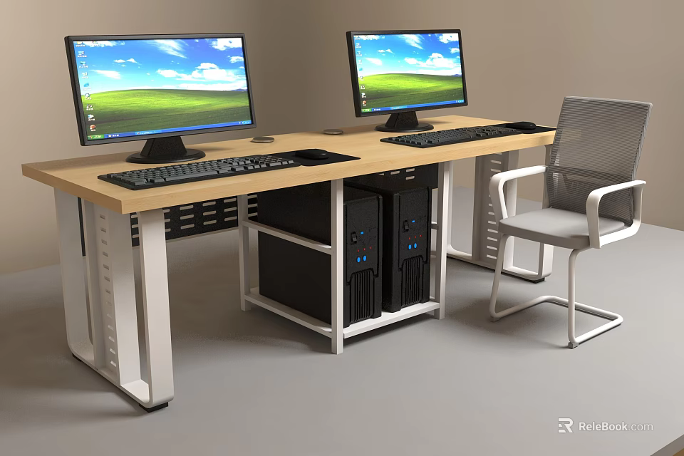 Modern Office Desk and Chair Set With Two Computer Monitors Keyboards and Towers 3d model 