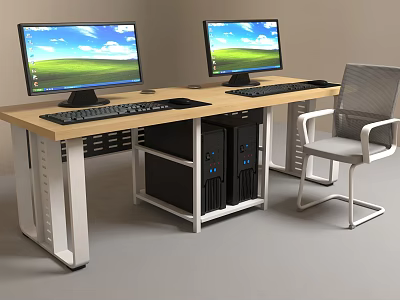 Modern Office Desk and Chair Set With Two Computer Monitors Keyboards and Towers 3d model