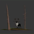 Black And White Reindeer With Large Antlers Standing Between Leafless Trees On Grassy Ground
