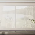 Venetian Blinds On Window With Natural Lake Woodland View And Indoor Plant