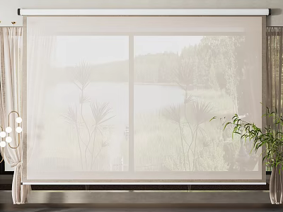 Venetian Blinds On Window With Natural Lake Woodland View And Indoor Plant 3d model