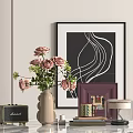 Decorative Ornament Combination With Pink Roses Vase Picture Frames Radio Books And Table Lamp