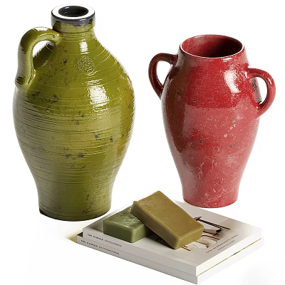 Green and Red Ceramic Vessels with Handles Displayed with Soap Bars and Open Book 3d model