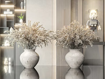 White Ceramic Vases With Dried Wheat Stalks In Modern Decorative Interior Setup 3d model