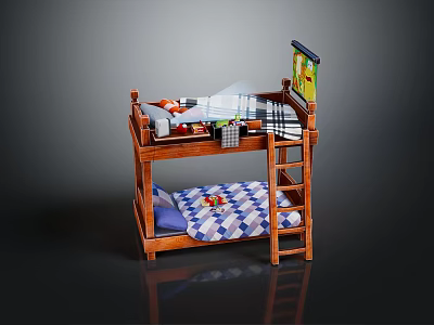 Wooden Bunk Bed Design With Ladder Upper Lower Mattress And Checkered Bedding 3d model