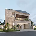 Detached Villa Exterior With Balcony Railing Green Plants And Trees